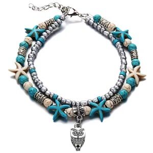 Turquoise and Silver Starfish Charm Bracelet with Owl Pendant